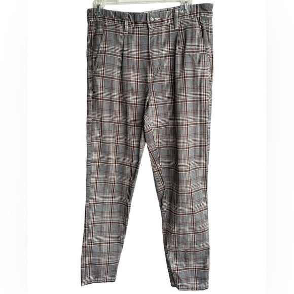 Cotton On Oxford Trouser Plaid Pleated Straight Fit Tapered Ankle Waist Size 32 - Picture 1 of 12